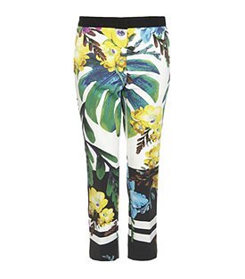 Tropical Print Trousers - waist detail: fitted waist, narrow waistband; pocket detail: small back pockets, pockets at the sides; waist: mid/regular rise; occasions: casual, evening; length: calf length; fibres: cotton - mix; material texture: jersey; hip detail: fitted at hip (bottoms); predominant colour: multicoloured; trends: prints; fit: slim leg; texture group: jersey - stretchy/drapey; style: standard