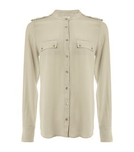 Annabel Collarless Shirt - neckline: mandarin; pattern: plain; shoulder detail: obvious epaulette; bust detail: added detail/embellishment at bust, buttons at bust (in middle at breastbone)/zip detail at bust; length: below the bottom; style: shirt; predominant colour: ivory; occasions: casual, evening, work; fibres: silk - 100%; material texture: chiffon; fit: straight cut; trends: pastels; sleeve length: long sleeve; sleeve style: standard; texture group: sheer fabrics/chiffon/organza etc.; pattern type: fabric; pattern size: standard