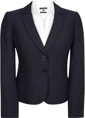 Navy Portrait Collar Linen Jacket - pattern: plain; style: single breasted blazer; hip detail: side pockets at hip; collar: standard lapel/rever collar; predominant colour: navy; occasions: casual, work; length: standard; fit: tailored/fitted; fibres: linen - 100%; material texture: sateen; waist detail: fitted waist; sleeve length: long sleeve; sleeve style: standard; texture group: structured shiny - satin/tafetta/silk etc.; collar break: medium; pattern type: fabric; pattern size: standard