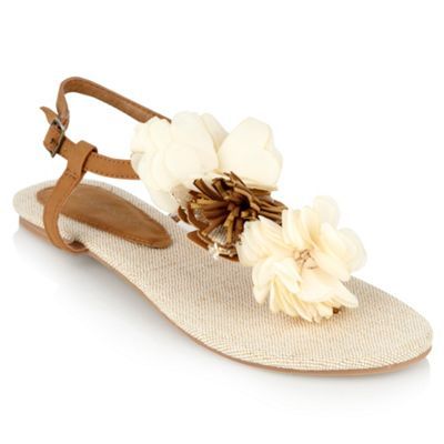Natural Woven Corsage Flip Flops - predominant colour: tan; material: faux leather; heel height: flat; embellishment: buckles; ankle detail: ankle strap; heel: standard; toe: toe thongs; style: flip flops / toe post