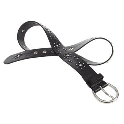 Black Cut Out Flower Belt - predominant colour: black; style: classic; size: standard; worn on: hips; material: leather; embellishment: beading, crystals, studs