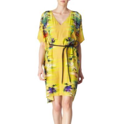 Tokyo Faze Kimono Dress - neckline: v-neck; fit: loose; pattern: print, patterned/print; style: kaftan; sleeve style: kimono; waist detail: belted waist/tie at waist/drawstring; occasions: casual, occasion; length: just above the knee; fibres: silk - 100%; material texture: chiffon; predominant colour: multicoloured; trends: prints; sleeve length: long sleeve; texture group: sheer fabrics/chiffon/organza etc.; pattern type: fabric; pattern size: standard