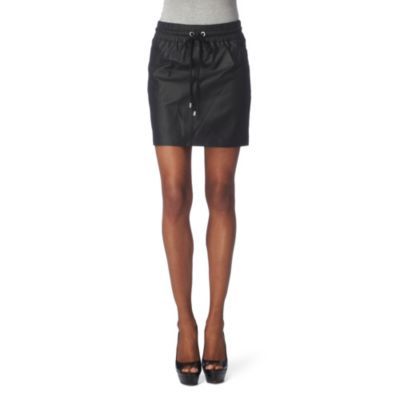 Drawstring Leather Skirt - length: mid thigh; pattern: plain; style: straight; fit: body skimming; hip detail: side pockets at hip; waist detail: belted waist/tie at waist/drawstring; waist: mid/regular rise; predominant colour: black; occasions: casual; fibres: leather - 100%; material texture: jersey; pattern type: fabric; pattern size: standard; texture group: jersey - stretchy/drapey