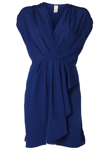 Navy Crossover Dress - style: faux wrap/wrap; neckline: v-neck; fit: fitted at waist; pattern: plain; sleeve style: sleeveless; waist detail: elasticated waist, fitted waist; shoulder detail: tiers/frills/ruffles; bust detail: ruching/gathering/draping/layers/pintuck pleats at bust; predominant colour: navy; occasions: casual, work; length: just above the knee; fibres: viscose/rayon - 100%; material texture: satin; hip detail: ruching/gathering at hip, soft pleats at hip/draping at hip/flared at hip; sleeve length: sleeveless; texture group: structured shiny - satin/tafetta/silk etc.; pattern type: fabric; pattern size: standard