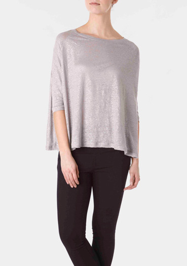 Silver Fine Knit Jumper - neckline: round neck; pattern: plain; style: standard; predominant colour: silver; occasions: casual; length: standard; fibres: linen - 100%; material texture: jersey; sleeve length: 3/4 length; sleeve style: standard; pattern type: knitted - other; pattern size: standard; texture group: jersey - stretchy/drapey
