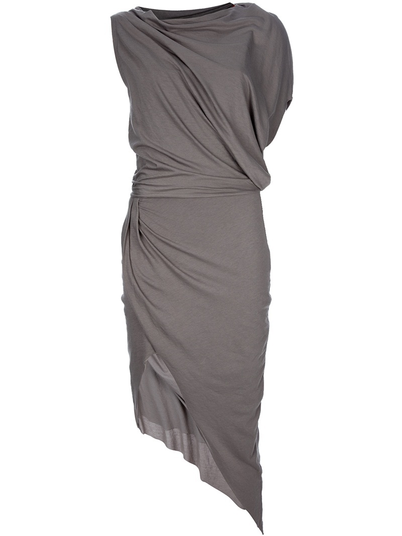 Feather Drape Dress - length: calf length; neckline: cowl/draped neck; pattern: plain; style: asymmetric (top); sleeve style: asymmetric sleeve; waist detail: fitted waist, twist front waist detail/nipped in at waist on one side/soft pleats/draping/ruching/gathering waist detail; hip detail: fitted at hip, ruching/gathering at hip; bust detail: ruching/gathering/draping/layers/pintuck pleats at bust; predominant colour: charcoal; occasions: evening, occasion; fit: body skimming; fibres: cotton - mix; material texture: jersey; pattern type: fabric; pattern size: standard; texture group: jersey - stretchy/drapey
