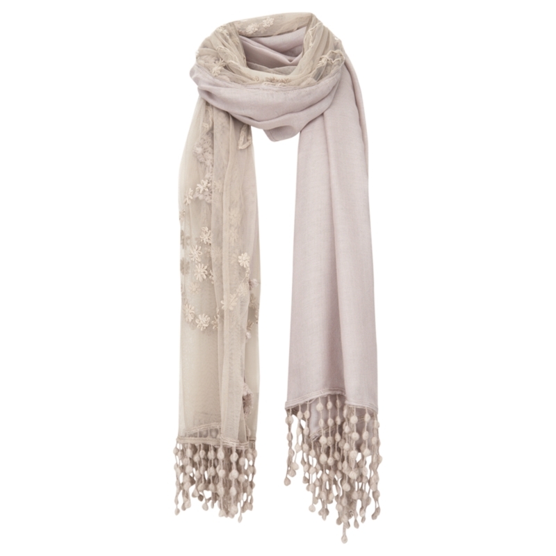 Lace Scarf, Mink - predominant colour: stone; type of pattern: light; style: regular; size: standard; material: knits; embellishment: embroidered, fringing, tassels