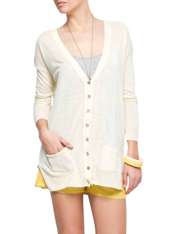 Long Cardigan, Baby Yellow - neckline: low v-neck; pattern: plain; style: fine knit; length: below the bottom; hip detail: front pockets at hip; bust detail: buttons at bust (in middle at breastbone)/zip detail at bust; predominant colour: primrose yellow; occasions: casual, work; fibres: linen - mix; material texture: velvet; fit: loose; trends: pastels, white; sleeve length: long sleeve; sleeve style: standard; texture group: corduroy; pattern type: knitted - other; pattern size: standard