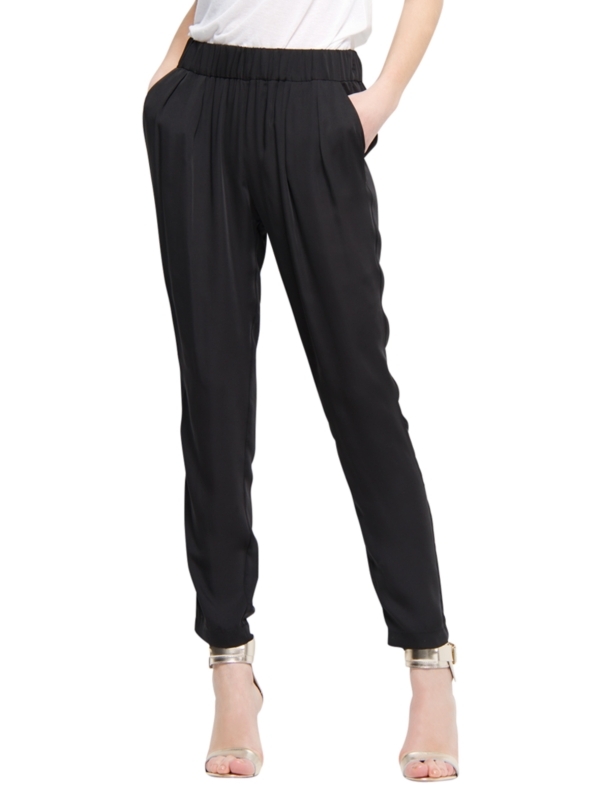 Pleated Baggy Trousers, Black - length: standard; waist detail: elasticated waist, narrow waistband; pocket detail: pockets at the sides; waist: mid/regular rise; predominant colour: black; occasions: casual, evening, work; fibres: polyester/polyamide - 100%; material texture: jersey; hip detail: front pleats at hip level; trends: sports luxe; fit: slim leg; texture group: jersey - stretchy/drapey; style: standard