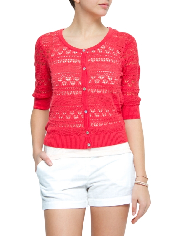 Openwork Knit Bolero, Grapefruit - neckline: round neck; pattern: lightly patterned, holey knit, patterned/print; bust detail: buttons at bust (in middle at breastbone)/zip detail at bust; predominant colour: bright orange; occasions: casual, work; length: standard; style: standard; fibres: cotton - 100%; material texture: lace; fit: standard fit; trends: brights; sleeve length: 3/4 length; sleeve style: standard; texture group: lace; pattern type: knitted - other; pattern size: small & light