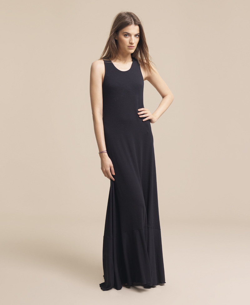 Racer Back Maxi - pattern: plain; sleeve style: sleeveless; style: maxi dress; waist detail: fitted waist; hip detail: fitted at hip; predominant colour: black; occasions: casual, occasion; length: floor length; fit: body skimming; neckline: scoop; fibres: polyester/polyamide - stretch; material texture: jersey; sleeve length: sleeveless; pattern type: fabric; pattern size: standard; texture group: jersey - stretchy/drapey
