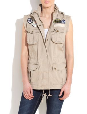 Stone Sleeveless Utility Jacket - sleeve style: sleeveless; style: gilet; shoulder detail: obvious epaulette; bust detail: added detail/embellishment at bust; collar: funnel; length: below the bottom; hip detail: front pockets at hip; predominant colour: stone; occasions: casual; fit: straight cut (boxy); fibres: cotton - 100%; material texture: chiffon; sleeve length: sleeveless; texture group: sheer fabrics/chiffon/organza etc.; collar break: high; pattern type: fabric; pattern size: standard; embellishment: embroidered