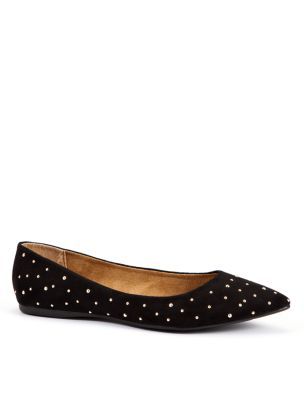 Wide Fit Black Pointed Stud Ballerina Shoes - predominant colour: black; material: fabric; heel height: flat; embellishment: studs; toe: pointed toe; style: ballerinas / pumps