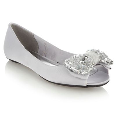 Silver Sequin Bow Pumps - predominant colour: silver; material: fabric; heel height: flat; embellishment: sequins; toe: open toe/peeptoe; style: ballerinas / pumps