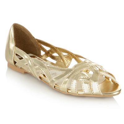 Gold Cutout Peep Toe Pumps - predominant colour: gold; material: faux leather; heel height: flat; heel: standard; toe: open toe/peeptoe; style: strappy