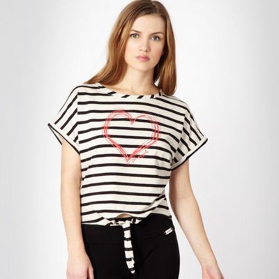 Off White Flecked And Striped Top - neckline: round neck; pattern: striped; style: t-shirt; waist detail: belted waist/tie at waist/drawstring; predominant colour: ivory; occasions: casual; length: standard; fibres: cotton - 100%; material texture: jersey; fit: body skimming; bust detail: contrast pattern/fabric/detail at bust; sleeve length: short sleeve; sleeve style: standard; pattern type: fabric; pattern size: standard; texture group: jersey - stretchy/drapey