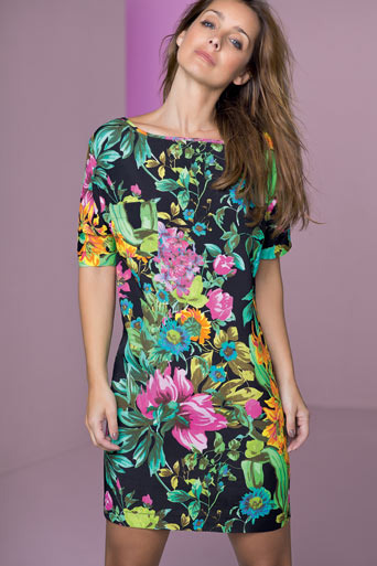 Petite Black Floral Dress - style: tunic; neckline: slash/boat neckline; pattern: floral - busy, florals; waist detail: fitted waist; length: just above the knee; fit: body skimming; fibres: polyester/polyamide - 100%; material texture: chiffon; occasions: occasion; predominant colour: multicoloured; trends: prints; sleeve length: half sleeve; sleeve style: standard; texture group: sheer fabrics/chiffon/organza etc.; pattern type: fabric; pattern size: small & busy