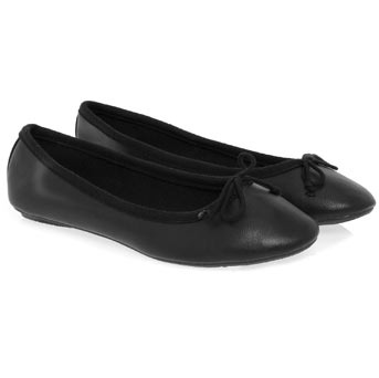 Black Soft Ballerina Pumps - predominant colour: black; material: faux leather; heel height: flat; embellishment: ribbon; toe: round toe; style: ballerinas / pumps