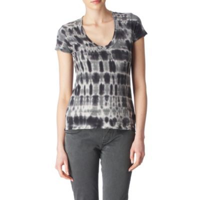 Tie Dye T Shirt - neckline: v-neck; waist detail: fitted waist; style: t-shirt; pattern: tie dye; hip detail: fitted at hip; predominant colour: charcoal; occasions: casual; length: standard; fibres: cotton - 100%; material texture: jersey; fit: tailored/fitted; trends: prints; sleeve length: short sleeve; sleeve style: standard; pattern type: fabric; pattern size: standard; texture group: jersey - stretchy/drapey