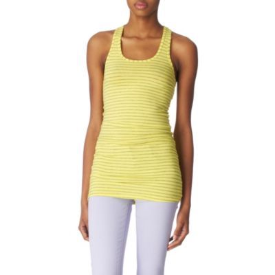 Striped Vest - pattern: horizontal stripes, pinstripe; sleeve style: sleeveless; waist detail: fitted waist; length: below the bottom; style: vest top; back detail: racer back/sports back; hip detail: fitted at hip; predominant colour: yellow; occasions: casual; neckline: scoop; fibres: cotton - mix; material texture: jersey; fit: body skimming; trends: sports luxe, brights; sleeve length: sleeveless; pattern type: fabric; pattern size: standard; texture group: jersey - stretchy/drapey