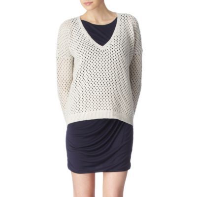 Castra Jumper - neckline: v-neck; pattern: plain, holey knit; length: below the bottom; style: standard; predominant colour: ivory; occasions: casual; fibres: cotton - 100%; material texture: jersey; back detail: longer hem at back than at front; trends: white; sleeve length: long sleeve; sleeve style: standard; pattern type: knitted - other; pattern size: standard; texture group: jersey - stretchy/drapey