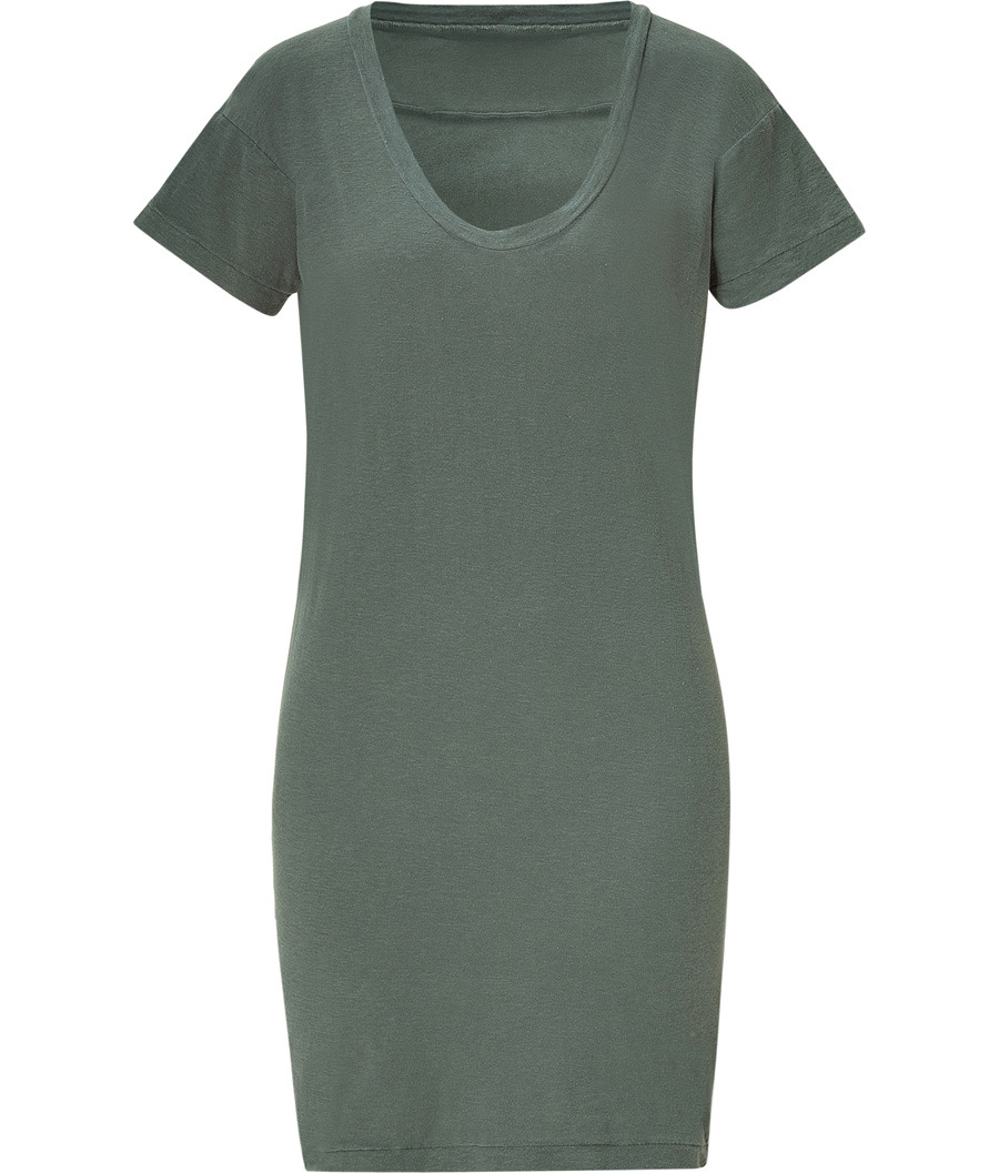Jungle Relaxed Fit T Shirt Dress - style: t-shirt; length: mini; neckline: v-neck; pattern: plain; predominant colour: dark green; occasions: casual; fit: body skimming; fibres: cotton - 100%; material texture: jersey; sleeve length: short sleeve; sleeve style: standard; pattern type: fabric; pattern size: standard; texture group: jersey - stretchy/drapey