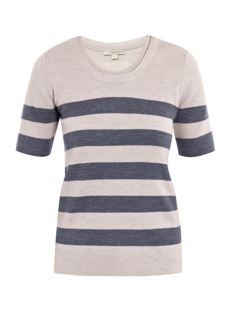 Wool And Linen Stripe Jumper - neckline: round neck; pattern: horizontal stripes; style: standard; predominant colour: stone; occasions: casual; length: standard; fibres: wool - mix; material texture: jersey; fit: standard fit; trends: prints; sleeve length: short sleeve; sleeve style: standard; pattern type: knitted - other; pattern size: standard; texture group: jersey - stretchy/drapey