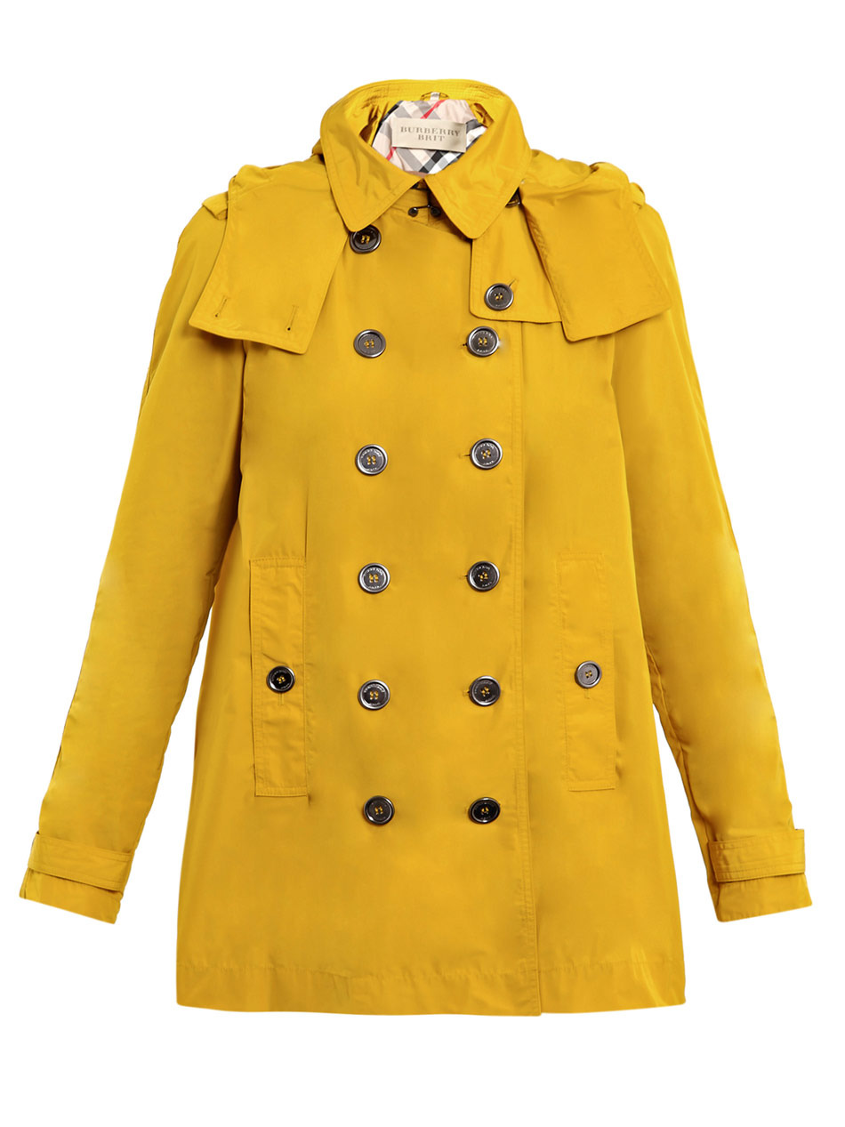 Hurle A Line Jacket - pattern: plain; style: double breasted blazer; hip detail: side pockets at hip; length: below the bottom; collar: standard lapel/rever collar; predominant colour: yellow; occasions: casual; fit: straight cut (boxy); fibres: polyester/polyamide - 100%; material texture: denim; trends: brights; sleeve length: long sleeve; sleeve style: standard; texture group: denim; collar break: medium; pattern type: fabric; pattern size: standard