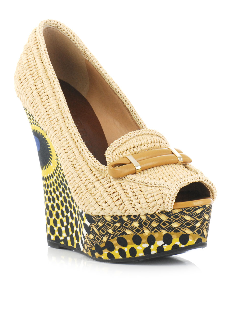 Sullivan Shoes - predominant colour: multicoloured; material: fabric; heel height: high; embellishment: buckles, embroidered, print; heel: wedge; toe: open toe/peeptoe; style: courts; pattern: patterned/print