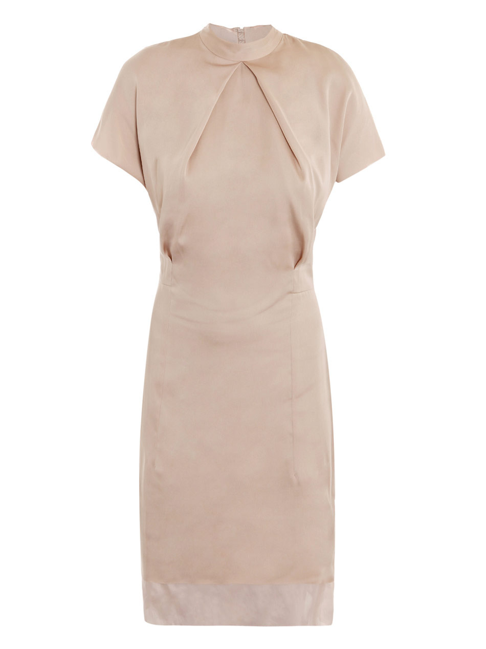Sweety Fluid Dress - style: shift; fit: tailored/fitted; pattern: plain; neckline: high neck; waist detail: fitted waist; bust detail: ruching/gathering/draping/layers/pintuck pleats at bust; predominant colour: nude; occasions: evening, occasion; length: just above the knee; fibres: polyester/polyamide - 100%; material texture: satin; trends: pastels; sleeve length: short sleeve; sleeve style: standard; texture group: structured shiny - satin/tafetta/silk etc.; pattern type: fabric; pattern size: standard