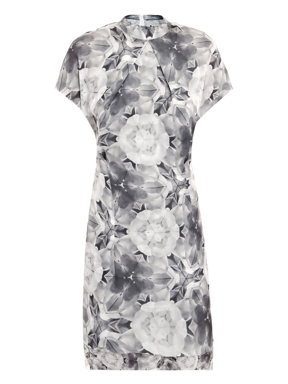 Sweety Dress - style: shift; fit: tailored/fitted; pattern: print, patterned/print; neckline: high neck; bust detail: ruching/gathering/draping/layers/pintuck pleats at bust; predominant colour: white; occasions: work, occasion; length: on the knee; fibres: polyester/polyamide - 100%; material texture: chiffon; trends: prints; sleeve length: short sleeve; sleeve style: standard; texture group: sheer fabrics/chiffon/organza etc.; pattern type: fabric; pattern size: standard
