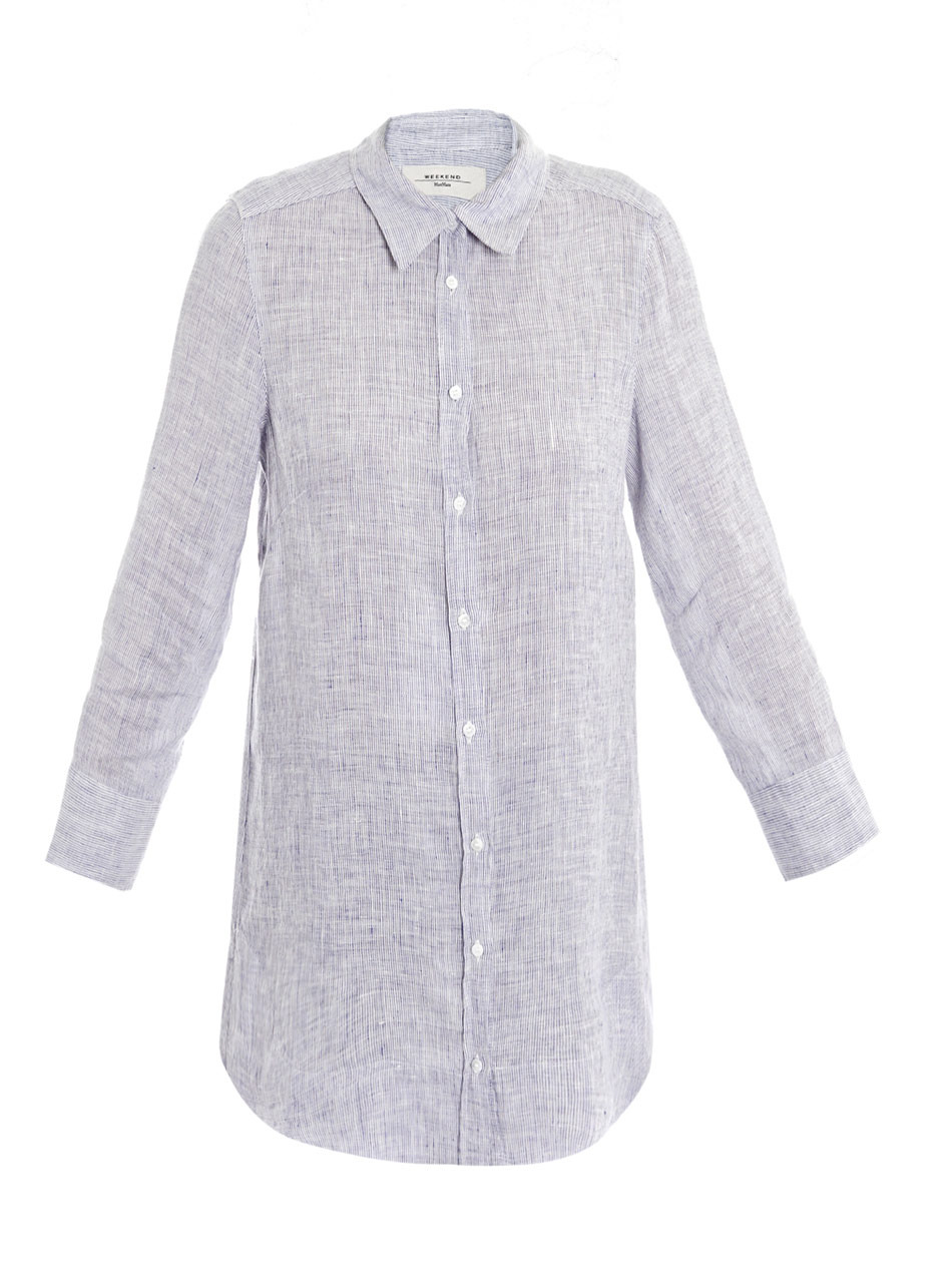 Mendoza Shirt - neckline: shirt collar/peter pan/zip with opening; pattern: plain, lightly patterned, patterned/print; length: below the bottom; style: shirt; bust detail: buttons at bust (in middle at breastbone)/zip detail at bust; predominant colour: light grey; occasions: casual, work; fibres: linen - 100%; material texture: chiffon; fit: body skimming; trends: pastels; sleeve length: long sleeve; sleeve style: standard; texture group: sheer fabrics/chiffon/organza etc.; pattern type: fabric; pattern size: small & light