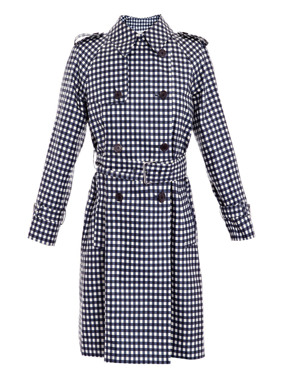 Gingham Print Trench Coat - pattern: checked/gingham, gingham; shoulder detail: obvious epaulette, discreet epaulette; hip detail: side pockets at hip, front pockets at hip; style: trench coat; fit: slim fit; collar: standard lapel/rever collar; length: mid thigh; predominant colour: navy; occasions: casual, work; fibres: polyester/polyamide - 100%; material texture: jersey; waist detail: fitted waist, belted waist/tie at waist/drawstring; trends: prints; sleeve length: long sleeve; sleeve style: standard; collar break: medium; pattern type: fabric; pattern size: standard; texture group: jersey - stretchy/drapey