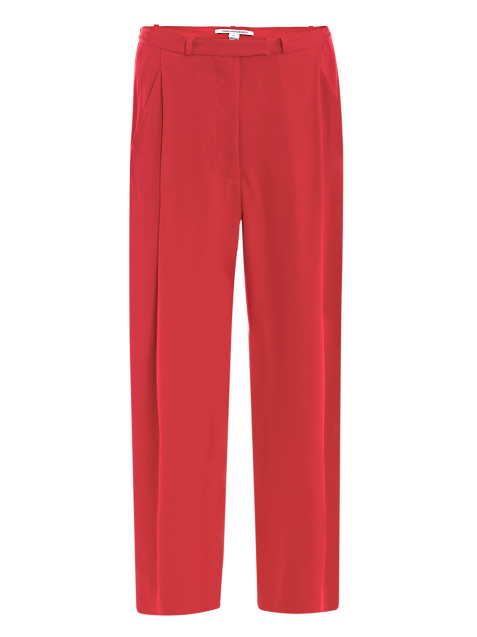 Athos Trousers - length: standard; pocket detail: small back pockets, pockets at the sides; waist: mid/regular rise; predominant colour: true red; occasions: evening, work, occasion; fibres: polyester/polyamide - 100%; material texture: sateen; hip detail: front pleats at hip level; trends: brights; texture group: structured shiny - satin/tafetta/silk etc.; fit: straight leg; style: standard