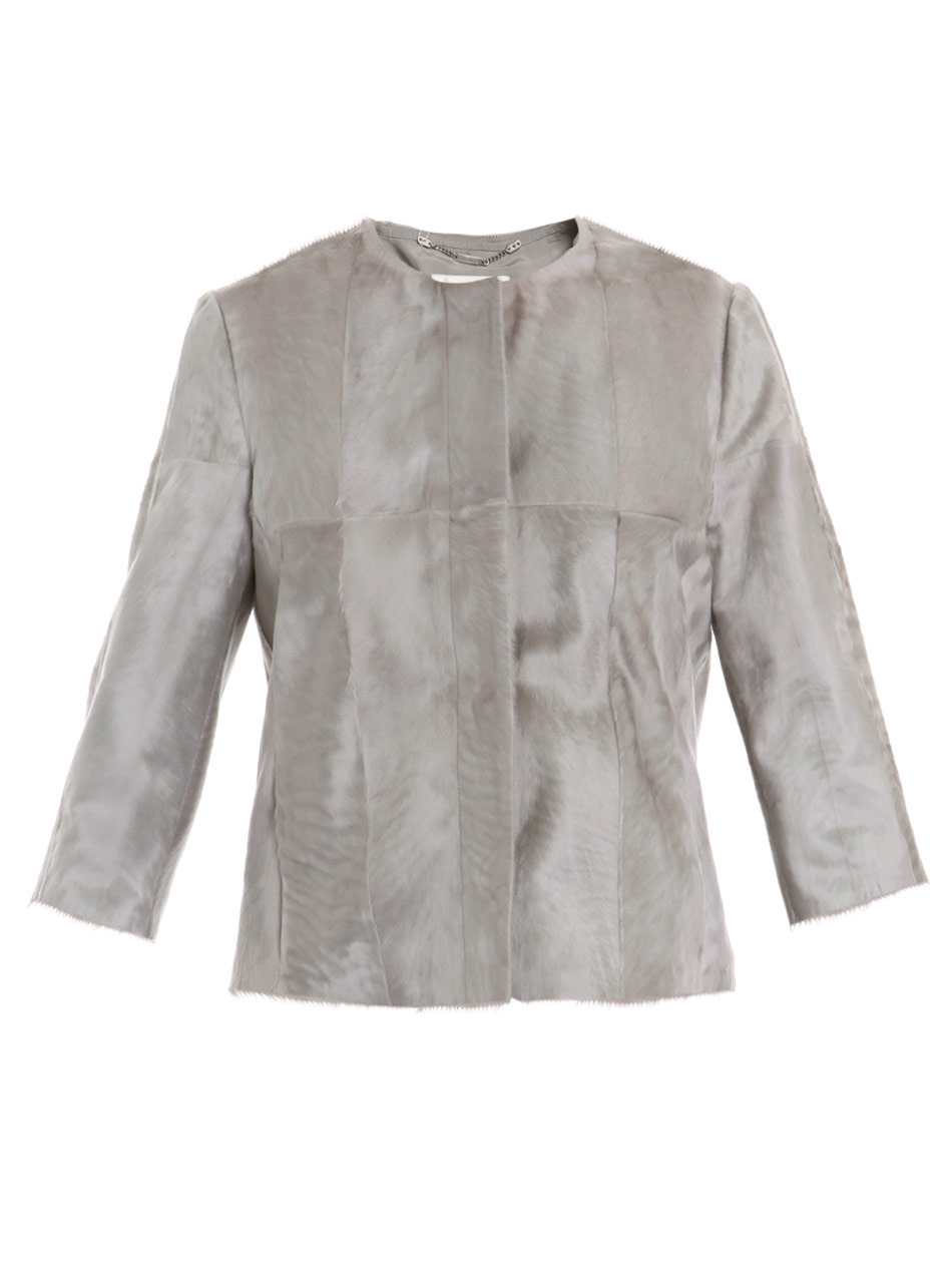 Faretra Lamb Fur Jacket - pattern: plain; style: single breasted blazer; predominant colour: light grey; occasions: evening, work, occasion; length: standard; fit: straight cut (boxy); fibres: fur - 100%; material texture: silky; trends: pastels; sleeve length: 3/4 length; sleeve style: standard; texture group: silky - light; pattern type: fabric; pattern size: standard