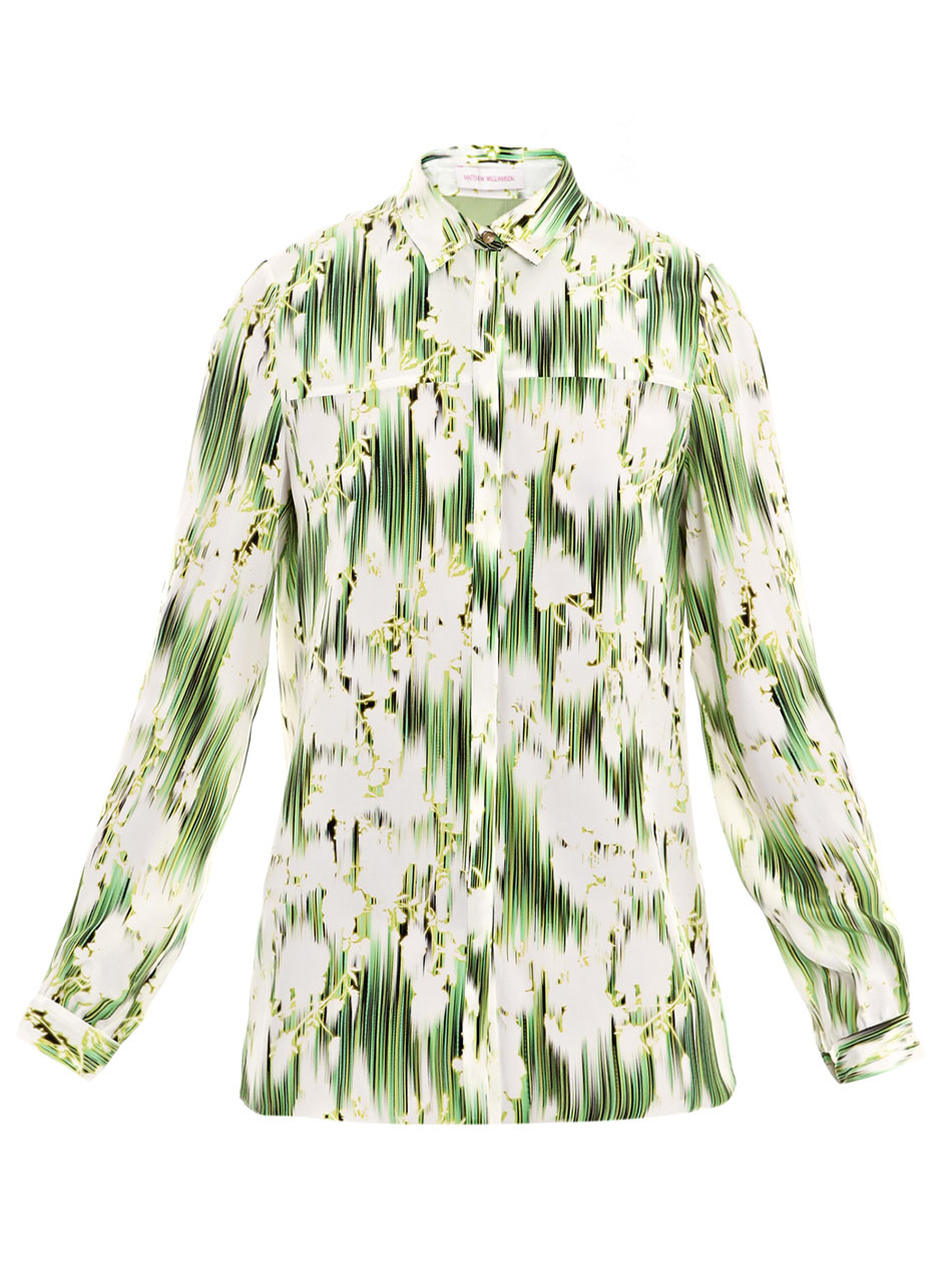 Floral Ikat Print Blouse - neckline: shirt collar/peter pan/zip with opening; pattern: lightly patterned, print, patterned/print; style: blouse; predominant colour: lime; occasions: casual, work; length: standard; fibres: silk - 100%; material texture: chiffon; fit: body skimming; trends: prints; sleeve length: long sleeve; sleeve style: standard; texture group: sheer fabrics/chiffon/organza etc.; pattern type: fabric; pattern size: small & light