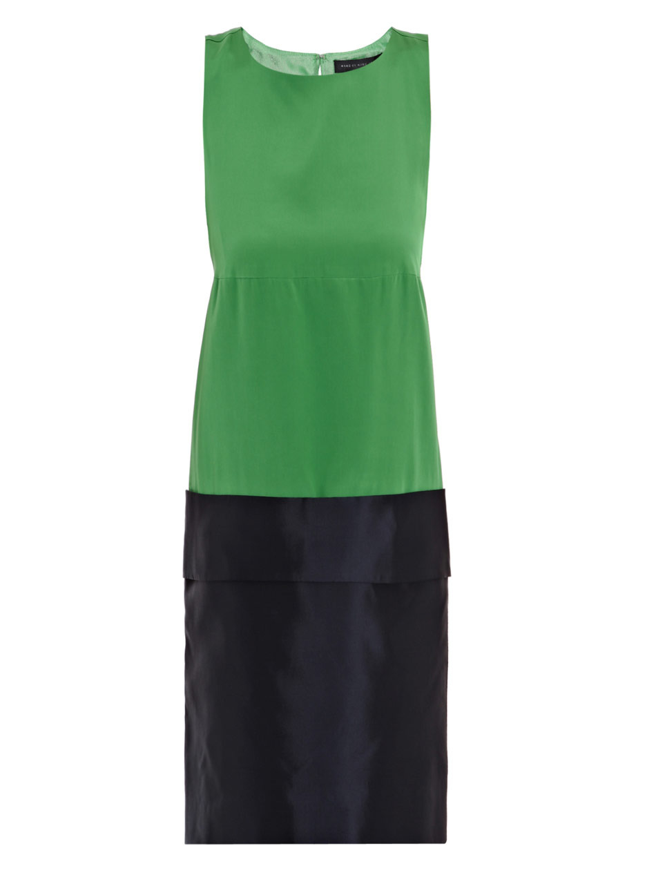 Eames Dress - style: shift; length: mid thigh; neckline: round neck; pattern: plain, two-tone; sleeve style: sleeveless; predominant colour: emerald green; occasions: casual, evening, occasion; fit: body skimming; fibres: silk - 100%; material texture: chiffon; sleeve length: sleeveless; texture group: sheer fabrics/chiffon/organza etc.; pattern type: fabric; pattern size: standard