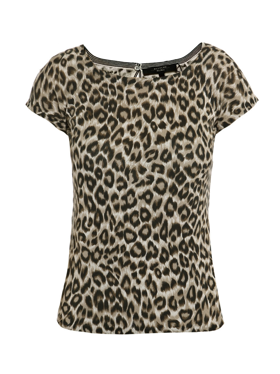 Origano Top - neckline: round neck; waist detail: fitted waist; pattern: small animal print, animal print; predominant colour: chocolate brown; occasions: casual, work; length: standard; style: top; fibres: silk - mix; material texture: chiffon; fit: body skimming; trends: prints; sleeve length: short sleeve; sleeve style: standard; texture group: sheer fabrics/chiffon/organza etc.; pattern type: fabric; pattern size: small & busy