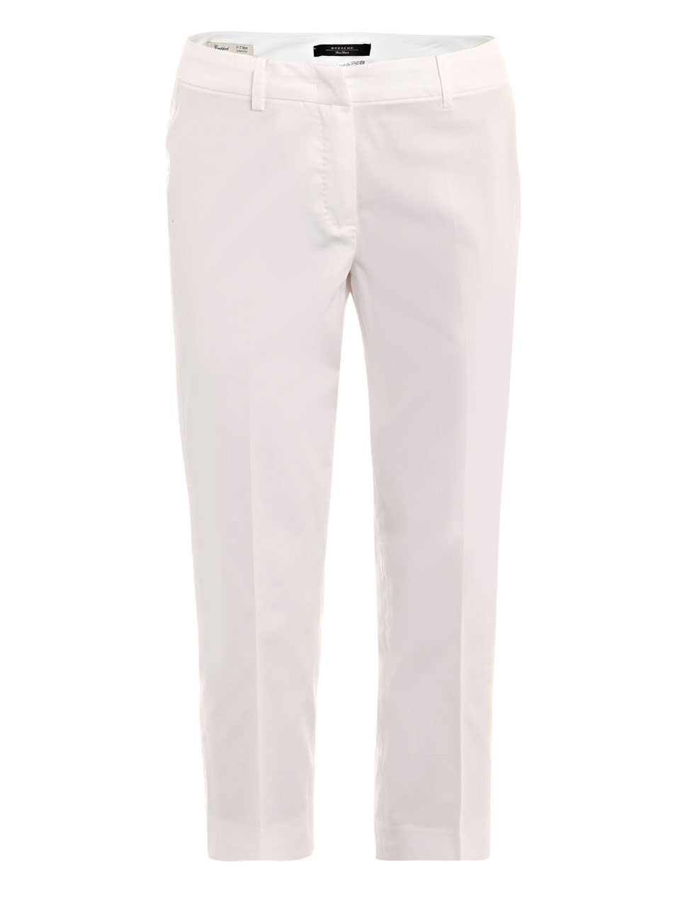 Sebino Trousers - waist detail: fitted waist, narrow waistband; pocket detail: large back pockets, small back pockets, pockets at the sides; waist: mid/regular rise; predominant colour: white; occasions: casual, work; length: calf length; fibres: cotton - stretch; material texture: sateen; hip detail: fitted at hip (bottoms); trends: white, sports luxe; texture group: structured shiny - satin/tafetta/silk etc.; fit: straight leg; style: standard