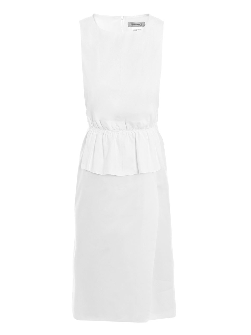 Pompeo Dress - style: shift; neckline: round neck; pattern: plain; sleeve style: sleeveless; waist detail: fitted waist, peplum waist detail; predominant colour: white; occasions: casual, evening, work, occasion; length: on the knee; fit: body skimming; fibres: cotton - mix; material texture: chiffon; hip detail: ruching/gathering at hip; trends: white; sleeve length: sleeveless; texture group: sheer fabrics/chiffon/organza etc.; pattern type: fabric; pattern size: standard