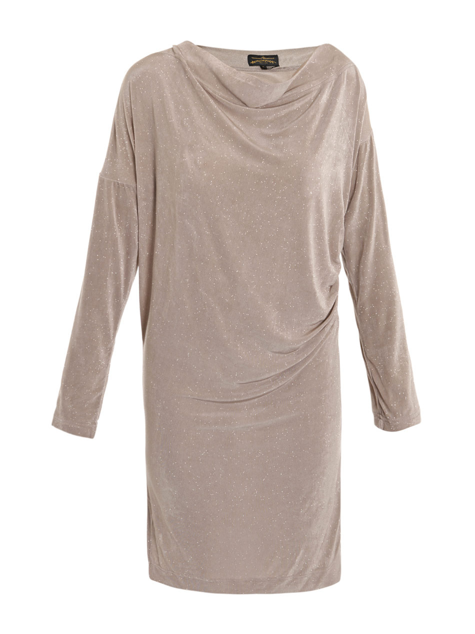Glitter Drape Dress - style: shift; neckline: cowl/draped neck; pattern: plain, metallic; waist detail: fitted waist, twist front waist detail/nipped in at waist on one side/soft pleats/draping/ruching/gathering waist detail; hip detail: fitted at hip, ruching/gathering at hip; bust detail: ruching/gathering/draping/layers/pintuck pleats at bust; predominant colour: taupe; occasions: casual, evening, work; length: just above the knee; fit: body skimming; fibres: polyester/polyamide - stretch; material texture: jersey stretch; sleeve length: long sleeve; sleeve style: standard; texture group: jersey - clingy; pattern type: fabric; pattern size: standard