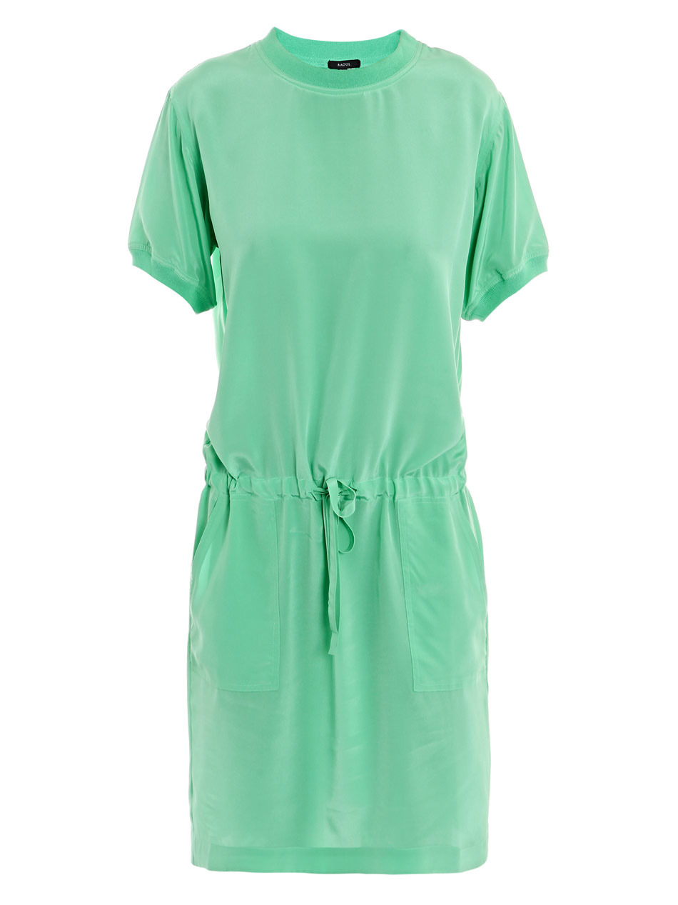 Drawstring Dress - style: t-shirt; neckline: round neck; pattern: plain; waist detail: elasticated waist, drop waist, belted waist/tie at waist/drawstring; hip detail: side pockets at hip, front pockets at hip, fitted at hip; predominant colour: mint green; occasions: casual, work; length: just above the knee; fit: body skimming; fibres: silk - 100%; material texture: silky; trends: pastels; sleeve length: short sleeve; sleeve style: standard; texture group: silky - light; pattern type: fabric; pattern size: standard