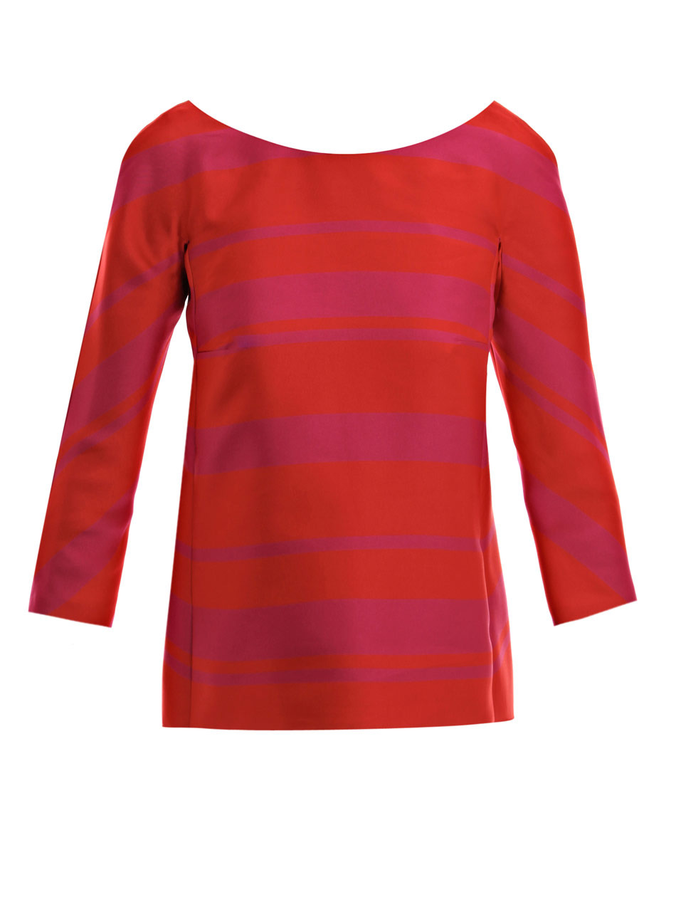 Stripe Bow Back Top - neckline: slash/boat neckline; pattern: horizontal stripes; back detail: low cut/open back, embellishment at back; predominant colour: bright orange; occasions: casual, evening, work; length: standard; style: top; fibres: polyester/polyamide - mix; material texture: satin; fit: tailored/fitted; trends: prints; sleeve length: 3/4 length; sleeve style: standard; texture group: structured shiny - satin/tafetta/silk etc.; pattern type: fabric; pattern size: standard