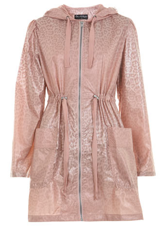 Abstract Pac A Mac - hip detail: side pockets at hip, front pockets at hip; style: mac; back detail: hood; collar: high neck; pattern: small animal print, animal print; length: mid thigh; predominant colour: blush; occasions: casual, evening, work; fit: tailored/fitted; fibres: polyester/polyamide - 100%; material texture: metallic; waist detail: fitted waist, belted waist/tie at waist/drawstring; trends: pastels, prints, sports luxe; sleeve length: long sleeve; sleeve style: standard; collar break: high/illusion of break when open; pattern type: fabric; pattern size: small & busy