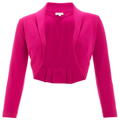 Pink Blair Bow Back Shrug - pattern: plain; neckline: shawl; style: bolero/shrug; length: cropped; predominant colour: hot pink; occasions: casual, evening, work, occasion; fibres: cotton - mix; material texture: chiffon; fit: slim fit; back detail: embellishment at back; trends: brights; sleeve length: 3/4 length; sleeve style: standard; texture group: sheer fabrics/chiffon/organza etc.; pattern type: knitted - other; pattern size: standard