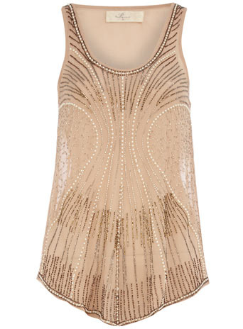 Nude Beaded Embellished Vest - pattern: plain; sleeve style: sleeveless; style: vest top; predominant colour: nude; occasions: evening, occasion; length: standard; fibres: cotton - stretch; material texture: chiffon; fit: body skimming; trends: aquatic; sleeve length: sleeveless; texture group: sheer fabrics/chiffon/organza etc.; pattern type: fabric; pattern size: light/subtle; embellishment: beading