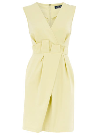 Yellow Cross Over Dress - style: faux wrap/wrap; neckline: v-neck; fit: fitted at waist; pattern: plain; sleeve style: sleeveless; waist detail: wide waistband/cummerbund, twist front waist detail/nipped in at waist on one side/soft pleats/draping/ruching/gathering waist detail, belted waist/tie at waist/drawstring; predominant colour: primrose yellow; occasions: evening, work; length: just above the knee; fibres: polyester/polyamide - stretch; material texture: chiffon; trends: pastels; sleeve length: sleeveless; texture group: sheer fabrics/chiffon/organza etc.; pattern type: fabric; pattern size: standard