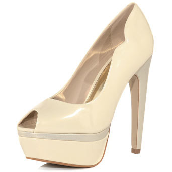 Cream Split Platforms - predominant colour: ivory; material: faux leather; heel height: high; heel: platform; toe: open toe/peeptoe; style: courts