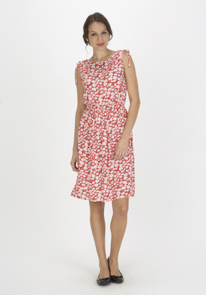 Floral Print Tie Shoulder Dress - style: shift; neckline: round neck; pattern: heavily patterned, floral - busy, florals, patterned/print; sleeve style: sleeveless; waist detail: elasticated waist, fitted waist; shoulder detail: tiers/frills/ruffles; predominant colour: pink; occasions: casual; length: just above the knee; fit: body skimming; fibres: cotton - mix; material texture: jersey; hip detail: soft pleats at hip/draping at hip/flared at hip; trends: prints; sleeve length: sleeveless; pattern type: fabric; pattern size: big & busy; texture group: jersey - stretchy/drapey