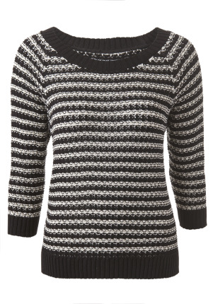 Open Stitch Stripe Stepped Jumper - neckline: scoop neck; pattern: horizontal stripes, striped; style: standard; predominant colour: black; occasions: casual; length: standard; fibres: cotton - mix; material texture: denim; fit: standard fit; sleeve length: 3/4 length; sleeve style: standard; texture group: denim; pattern type: knitted - other; pattern size: standard
